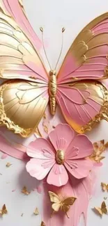 3D butterfly in pink and gold with floral accents.