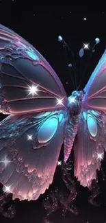 3D butterfly with vibrant pink and blue hues on a dark background.