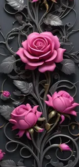 3D pink roses on dark background wallpaper