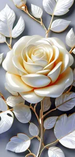 3D ivory rose with elegant leaf design