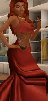 3D woman in elegant red dress striking a pose in virtual setting.