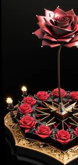 3D rose art on decorative platform with golden accents, elegant design.