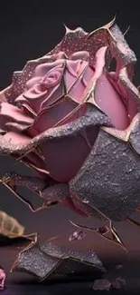 3D rendering of a pink rose with metallic crystalline design.