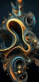 Elegant abstract 3D wallpaper with fluid teal and gold curves.