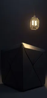 Abstract dark cube with vintage lamp creating elegant ambiance.