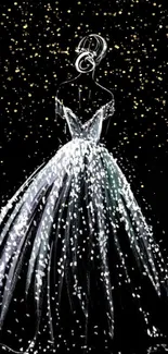 Illustration of an elegant sparkling dress with gold glitter on a black background.