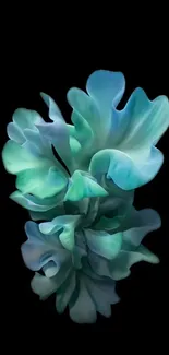 Abstract teal floral wallpaper on black background.