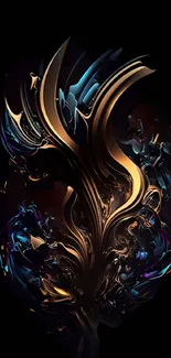 Abstract art wallpaper with gold and blue swirls on a black background.