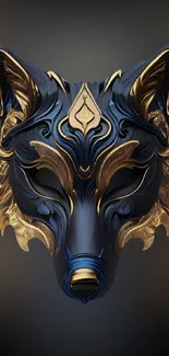 Intricate dark blue and gold abstract wolf design wallpaper.