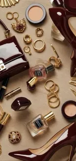 Elegant leather shoes and accessories flat lay in beige and gold tones.