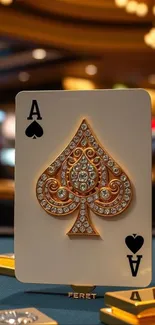 Ace of Spades card with gold design on table.