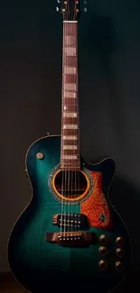 Elegant acoustic guitar with detailed design on dark background.