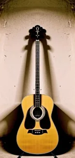 Acoustic guitar against a beige wall, offering a refined look for music enthusiasts.