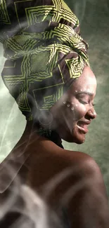 African woman with stylish patterned headwrap.