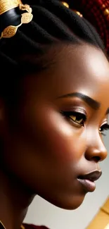 Artistic portrait of African woman with golden accessories and intricate hairstyle.