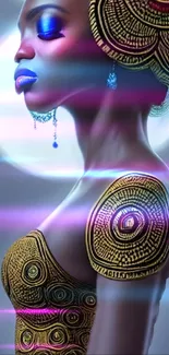 Afro-futuristic artwork with gold patterns and vibrant colors, featuring a stylish design.