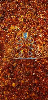 Elegant silver crown on amber gemstone background.