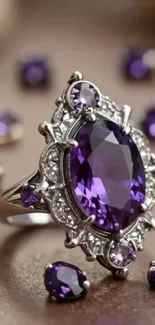 Elegant amethyst gemstone ring with silver setting.