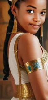 Elegant woman in ancient Egyptian attire with gold accents.