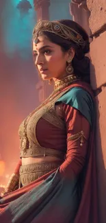 Elegant princess in traditional attire against a historic backdrop.