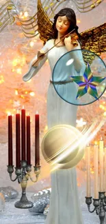 Elegant angel with golden wings, candles, and musical notes on a festive background.