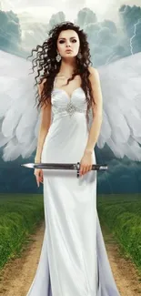 Fantasy art wallpaper of an angel with wings and sword on a mystical path.