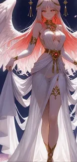 A graceful angelic figure with wings in a white gown.