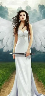 Elegant angel in white dress with wings in a lush landscape.