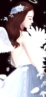 Elegant angelic girl with wings surrounded by feathers.