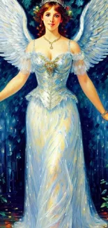 Elegant angel with blue dress and wings.