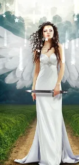 Angel in white dress with wings stands in a stormy field with a dramatic sky.