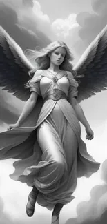 Elegant monochrome angel with wings in grayscale, floating among clouds.