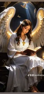 Elegant angel reading a book by candlelight, creating a serene and divine atmosphere.