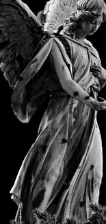 Black and white angel statue on black background, elegant mobile wallpaper.