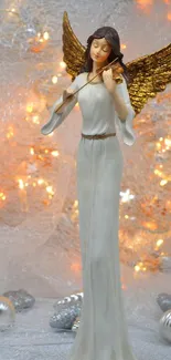 Gold-winged angel statue with lights background.