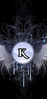 Elegant angel wings design on a black background with a letter K.