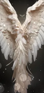 Elegant beige angel wings against dark background.