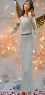 Angel figurine with golden wings and warm lights.