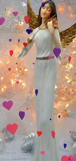 Elegant angel figure with golden wings and colorful heart accents on a serene background.