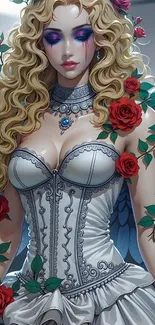 Fantasy angel with roses and wings in intricate design.
