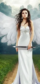 Elegant angel with wings holding a sword in a mystical landscape.