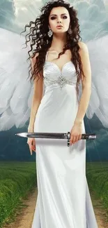 Angel in a white dress with wings holding a sword in a fantasy setting.