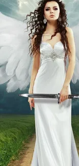 Elegant angel in white dress with sword amidst dramatic sky.