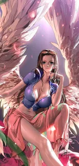 Anime angel with wings in fantasy scene.