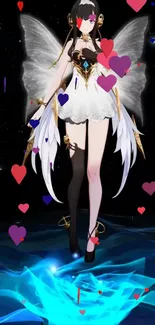 Angelic anime character with wings and floating hearts.