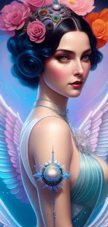 Elegant angelic figure with flowers and wings in fantasy art wallpaper.