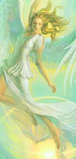 Angelic figure with radiant wings and flowing garments on a light blue background.