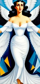 A stunning angel with white wings on a vibrant blue background.