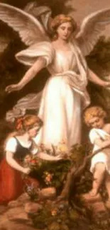 A classic painting of an angel with two children in a serene, natural setting.