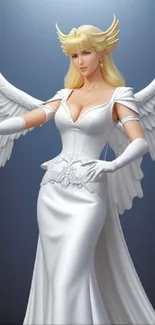 Elegant angel with white wings and gown, graceful digital artwork.